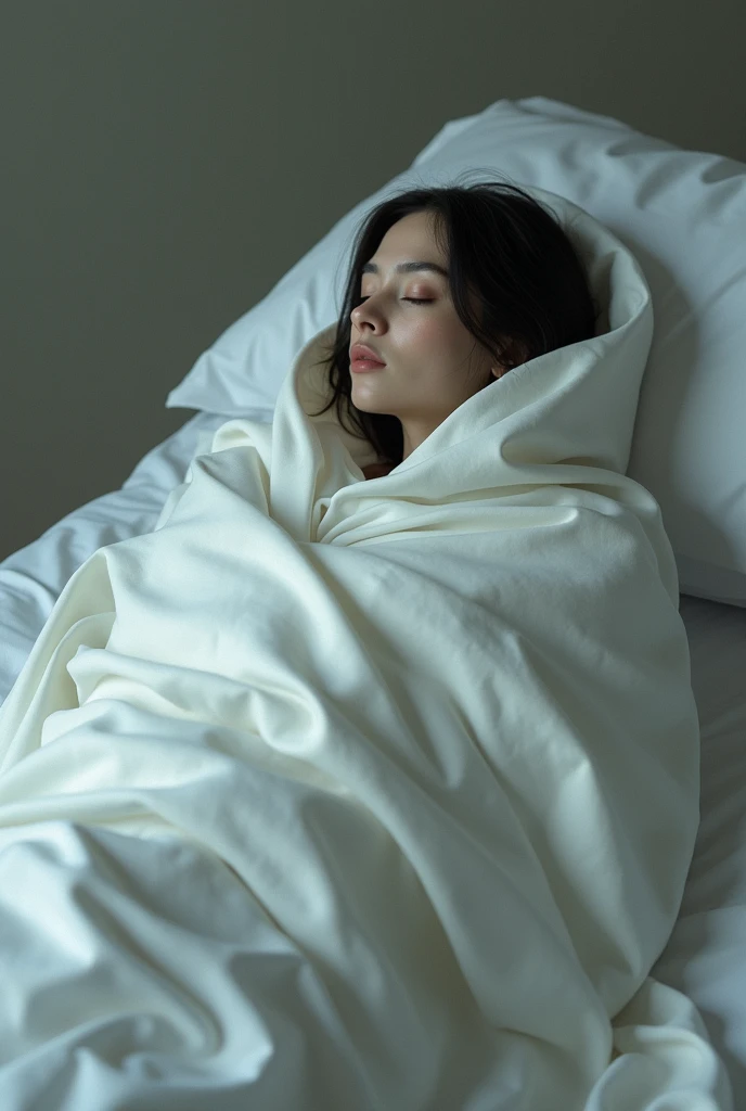 Full full female deadbody covered with white clothes side view but face is clearly visible