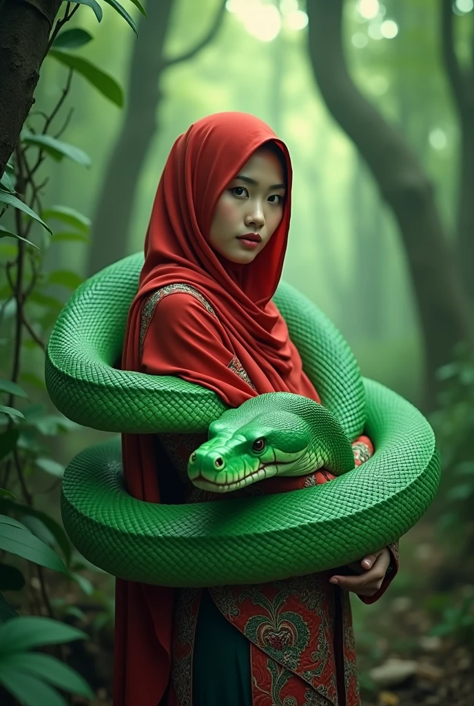 beautiful thai girl,wearing a red hijab layered with elegant Muslim clothing, and a white and bright green neon big giant anaconda wrapped around the body, the head to the side, raw photo dslrbreak ultra detailed masterpiecebest qualitymagic forest scene where the trees come to life and emit a soft ethereal light glow1216k, facing the camera