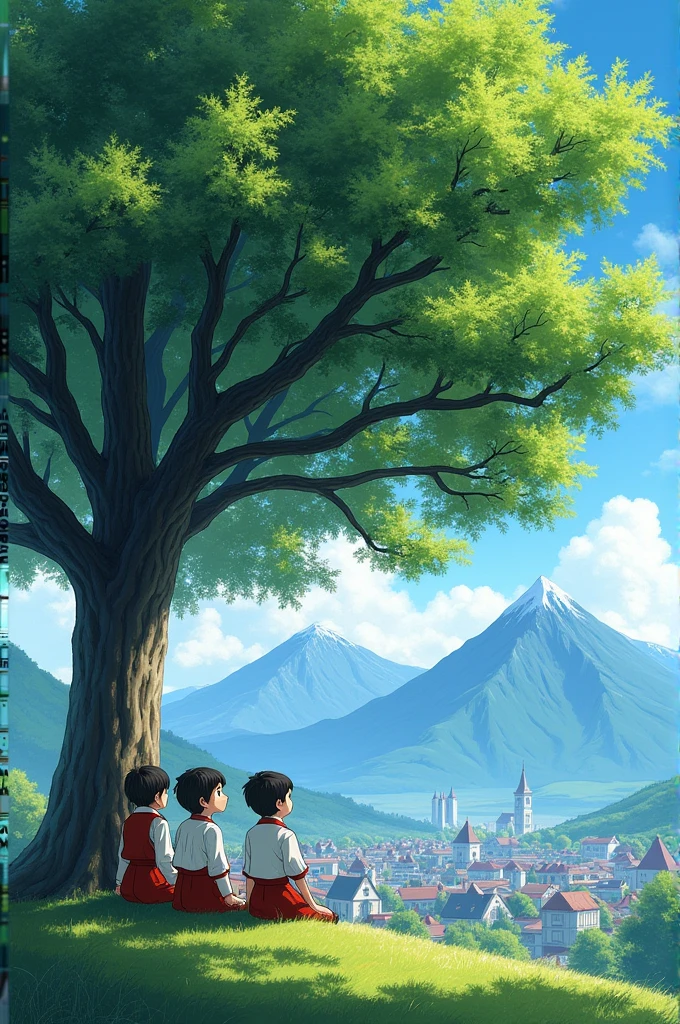 Three children from a religious school sitting in a beautiful city under a huge, large tree decorated with grass. The mountains are wonderful, very green, the sky is blue, and the single large tree is made of linden.