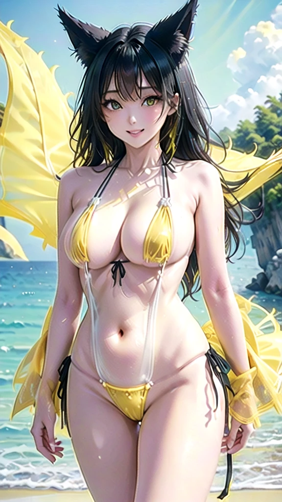 Masterpiece, Ultra HD, 8K Quality, (((Vivid and bright image))), anime, one woman, (((beautiful black fox woman))), (((shining black hair))), (((shining charming eyes))), (((((Yellow colored eyes))))), (((highlight on eyes))), ((Very long eyelashes)), (((Very large breasts))), fox ears,  cleavage, (((beautiful standing pose))), looking at viewer, navel, (((cute smiling))), detachable sleeves, water, thighs, ear hair, bare shoulders, front tie top, beach, arm support, narrow, (((((see through micro bikini))))), barefoot, clavicle, neck ribbon, halter neck, water's edge, (((background is summer beach)))