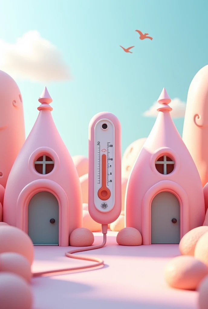 Two cute pink 3d houses side bay side connected to eachother with two noticeable wires on each side with a temperature measurement device between them