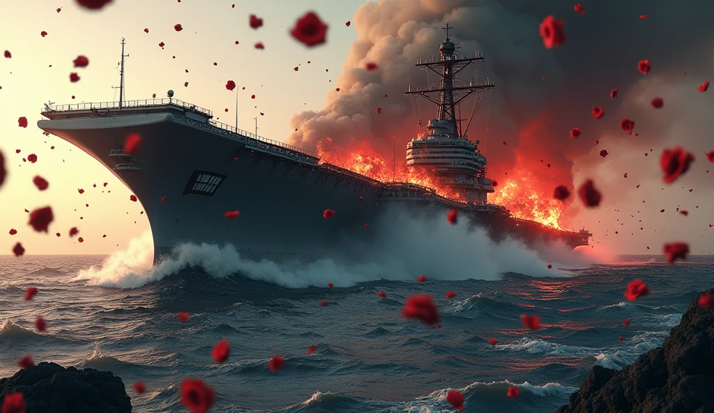 2024; (masterpiece, best quality) destroyed sea; Navy aircraft carrier sinking; fire everywhere. Red roses falling into the sea.