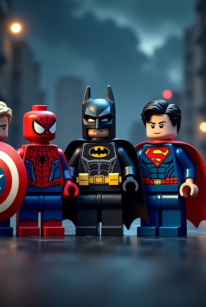 Spiderman, Captain America, Batman and Superman from Lego at night