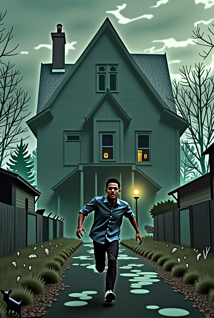 A young man fleeing from a large wooden house, with expressions of fear on their faces, in an abandoned town with a gloomy atmosphere and a little more lively