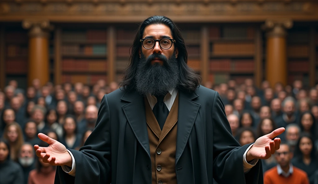 a young teacher who wears glasses with long black hair and a very large black beard. giving a lecture to a crowd of people