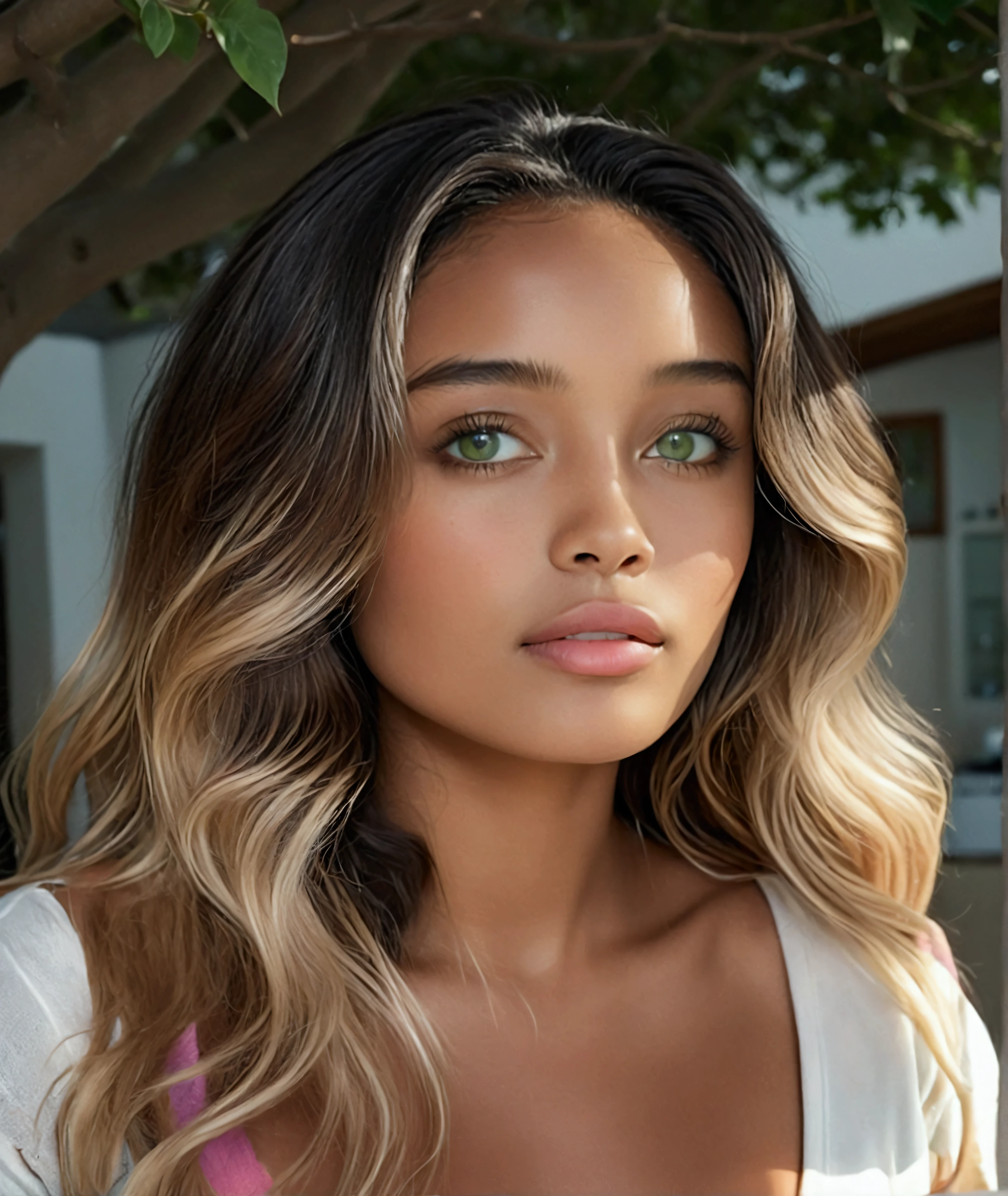 realist: 9:16, (fotorrealist, 8k, RAW Photos, Premium quality, masterpiece, epic lighting. close up, Centered image), (foreground), (gorgeous woman, 23 y.o., blond dark hair, caramel dark skin, 5,6" height, 60 kg, perfectly detailed face and body, bright green eyes), (garden scene under a tree)
