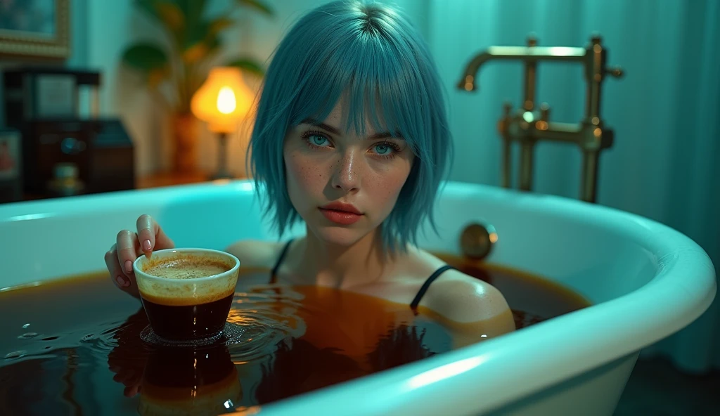 Woman 20 Years Old Nordic Ethnicity, short blue hair with a perfect face and light freckles, Blue-Green Eyes, an album cover, showing her bathing in a bathing tub full of dark brown steaming coffee, (((with a coffee machine nearby))), pouring even more coffee in the tub by a coffee cup hold in her hand, ((Color palette - turquoise, neon green, yellow shades))