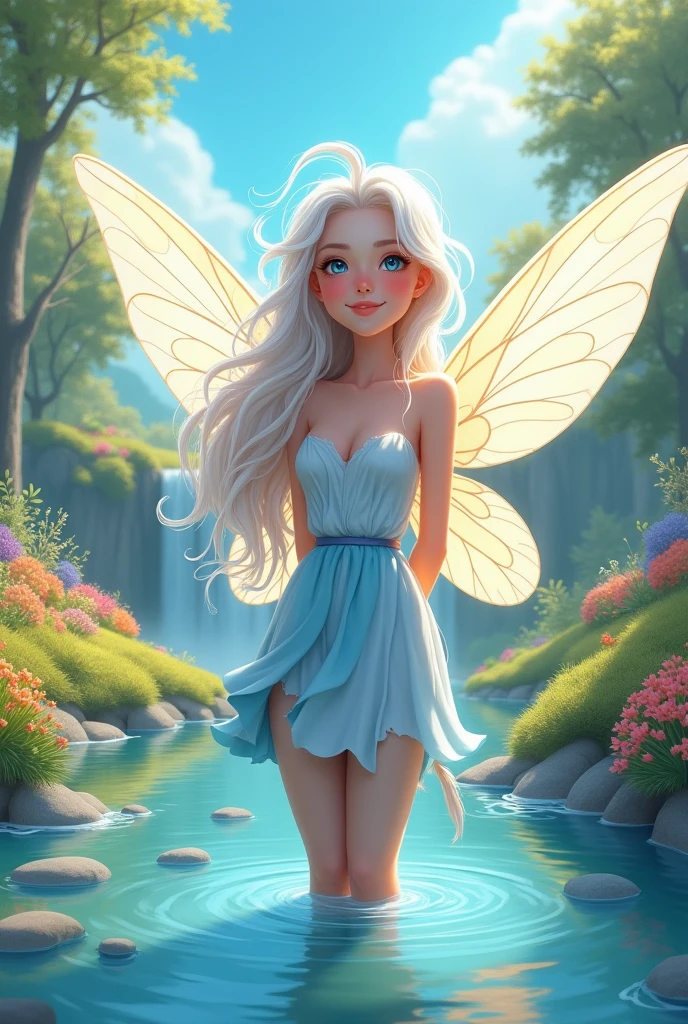 Please create a full-body fairy wrapped in vibrant, radiant lights.. She must have long, wavy white hair.. Your features should be youthful and cheerful. She must have dragonfly wings with soft tones. Your skin should be white and glowing. Your eyes should be blue and tender. She must be wearing a white and blue dress with light and bright colors.. Ela deve estar sorrindo. Your feet must be in the water. Your arms should be crossed behind your back hiding your hands. There should be a waterfall in the picture and a river surrounded by flowers of different colors on a beautiful plain with a clear sky and a bright sun.. The fairy&#39;s pose should be one of joy as if she were playing within the context of the image.. Your artistic skills are crucial to bringing this vivid and radiant work of art to life.