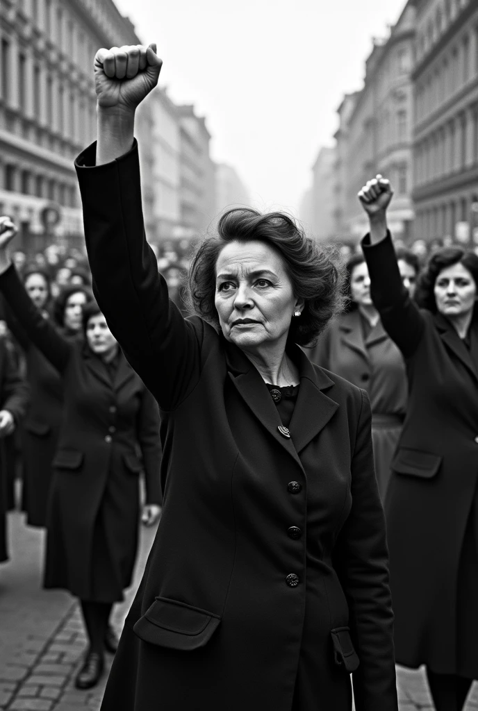 Clara zetkin is taking part in a protest for women right with so many women in 1910 . A black and white photo raising the hands gripped 
