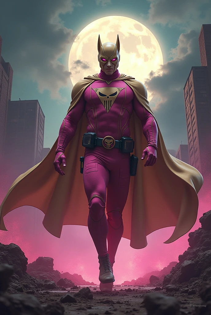Malaysia man in high-tech suit, vivid effects, malaysian superhero(( (KELUANG MAN)) in a striking pink and brown beige costume cyberpunk design((, mask small mini bat ear beige,)) daredevil beige mask, jumpsuit dark pink stands confidently in a dramatic.jumping from high place.hero costume.one hand rise up. (Big triangle logo on the chest.high detail Punisher logo on the chest)). jumping from hight place. Fighting pose , stormy landscape. ((Head covered node guard like batman. Running pose , athletic body type, small mini ear bat mask))The character wears domino mask a helmet with pointed mini torn ears and a flowing cape biege, open nose and mouth. Equipped with visible futuristic weapons on a belt,bullet proof jacket pink dark day.show fingers pose, dark night, big supermoon effect . Small logo on chest triangle shape small ((mitch gerads punisher ))logo center triangle cyber logo center on chest pink logo mini logo Casey Jones mask on the logo on chest. )). rocky. Building top.smoke ground , bomb effect background, losse pants, losses costume.adding to --ar 3:4 --style raw --stylize 500 --v 6.1. chaos. Lot of small flying bat. One leg on the high stone. Man. Backpack . Real man age 40 year old. One hand holding belt. Jump from high place. Open cape.