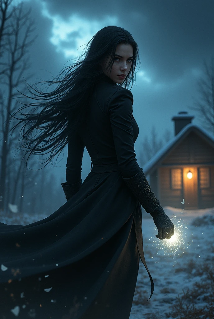 Female investigator with long black hair in a long black coat and gloves On a cold and stormy night creating a protective field around the cabin with the amulet 
