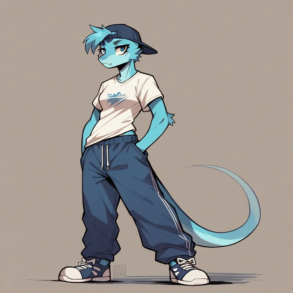 Female anthropomorphic character, with a perfect body, wearing a short-sleeved t-shirt and a backwards cap, the shirt is a little loose and the hem of the sleeves and bottom are visible, T-shirt tucked into an undergarment, wearing baggy pants, wearing cool sneakers