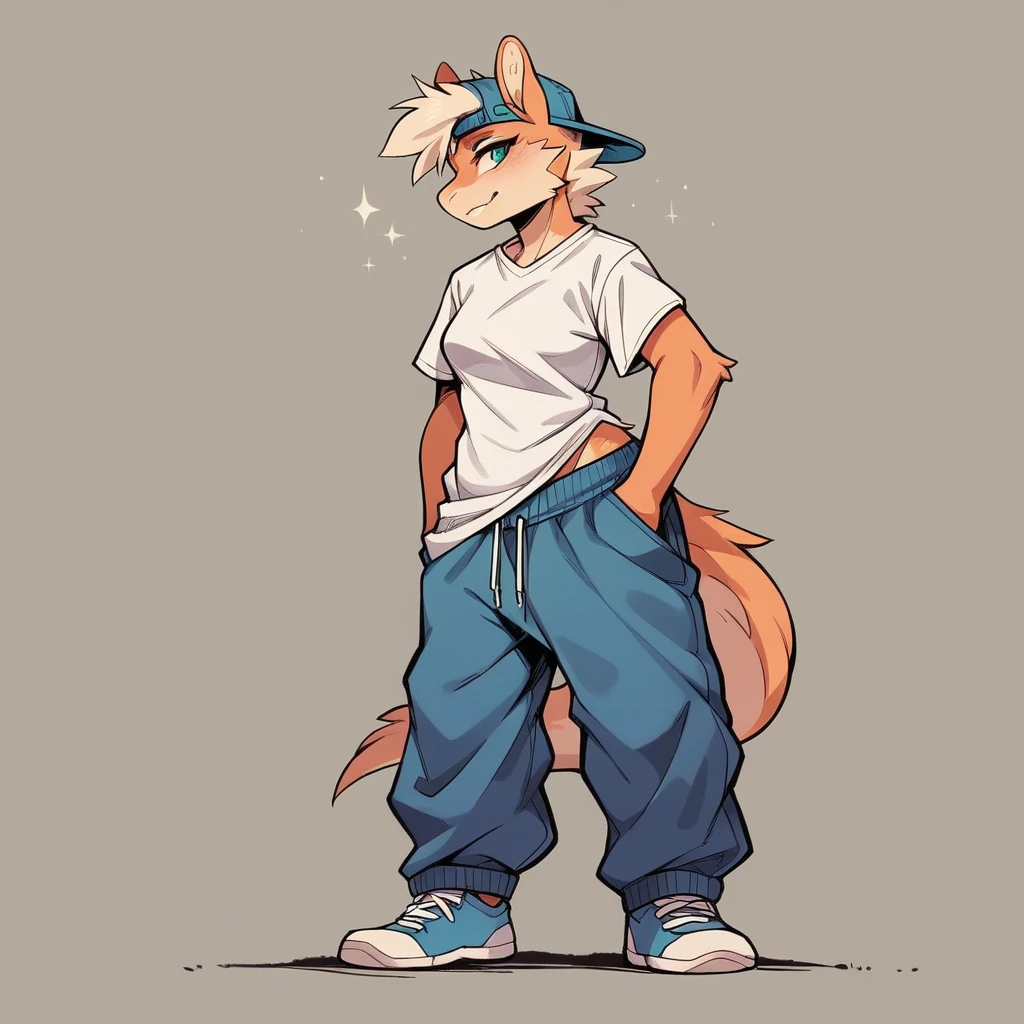 Female anthropomorphic character, with a perfect body, wearing a short-sleeved t-shirt and a backwards cap, the shirt is a little loose and the hem of the sleeves and bottom are visible, T-shirt tucked into an undergarment, wearing baggy pants, wearing cool sneakers