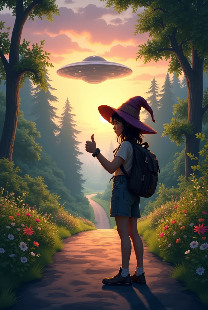 A road with lots of vegetation, a female traveler with a backpack on her back and a witch's hat, Giving a thumb up and asking for a ride to a UFO at dusk
