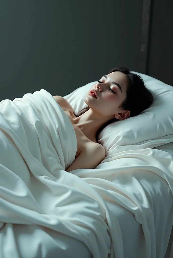 Full full female deadbody covered with white clothes side view but face is  clearly visible  realistic 
