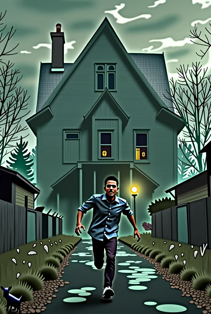 A young man fleeing from a large wooden house, with expressions of fear on their faces, in an abandoned town with a gloomy atmosphere and a little more lively 
