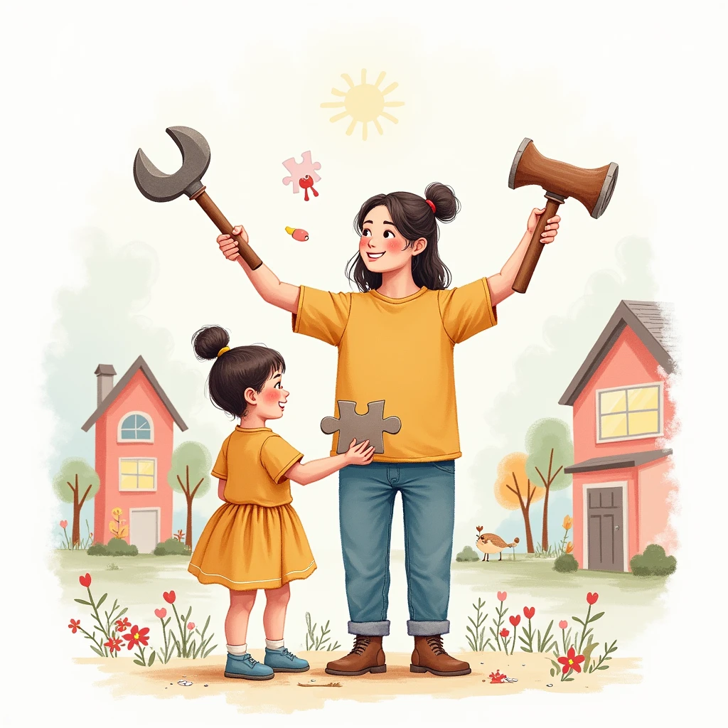 Hand-drawn illustration of a parent holding tools labeled 'Adaptability,' 'Patience,' and 'Creativity.' The child holds a puzzle piece. Background shows various settings like a school, playground, and home, representing diverse parenting challenges