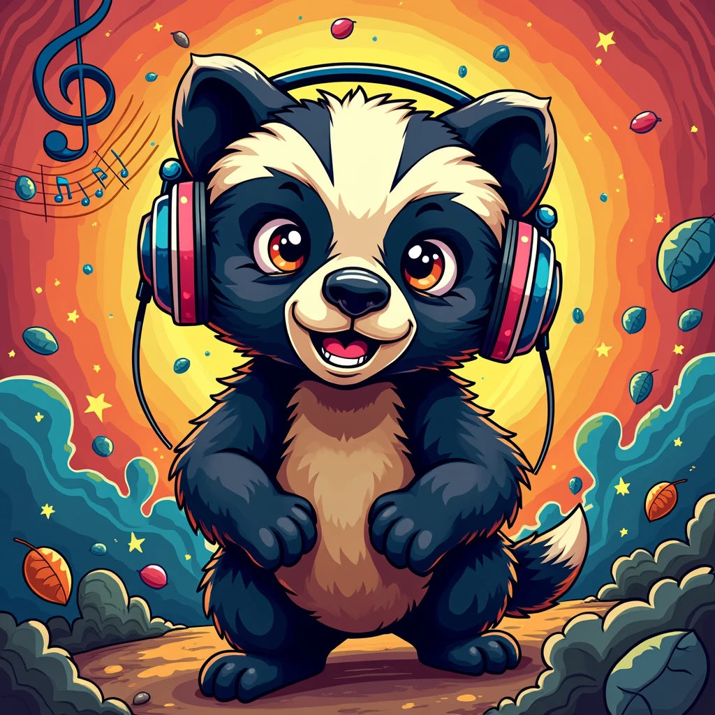 Create a 3000 X 3000 pixels a Catoon music art cover with  honey badger with headphones 