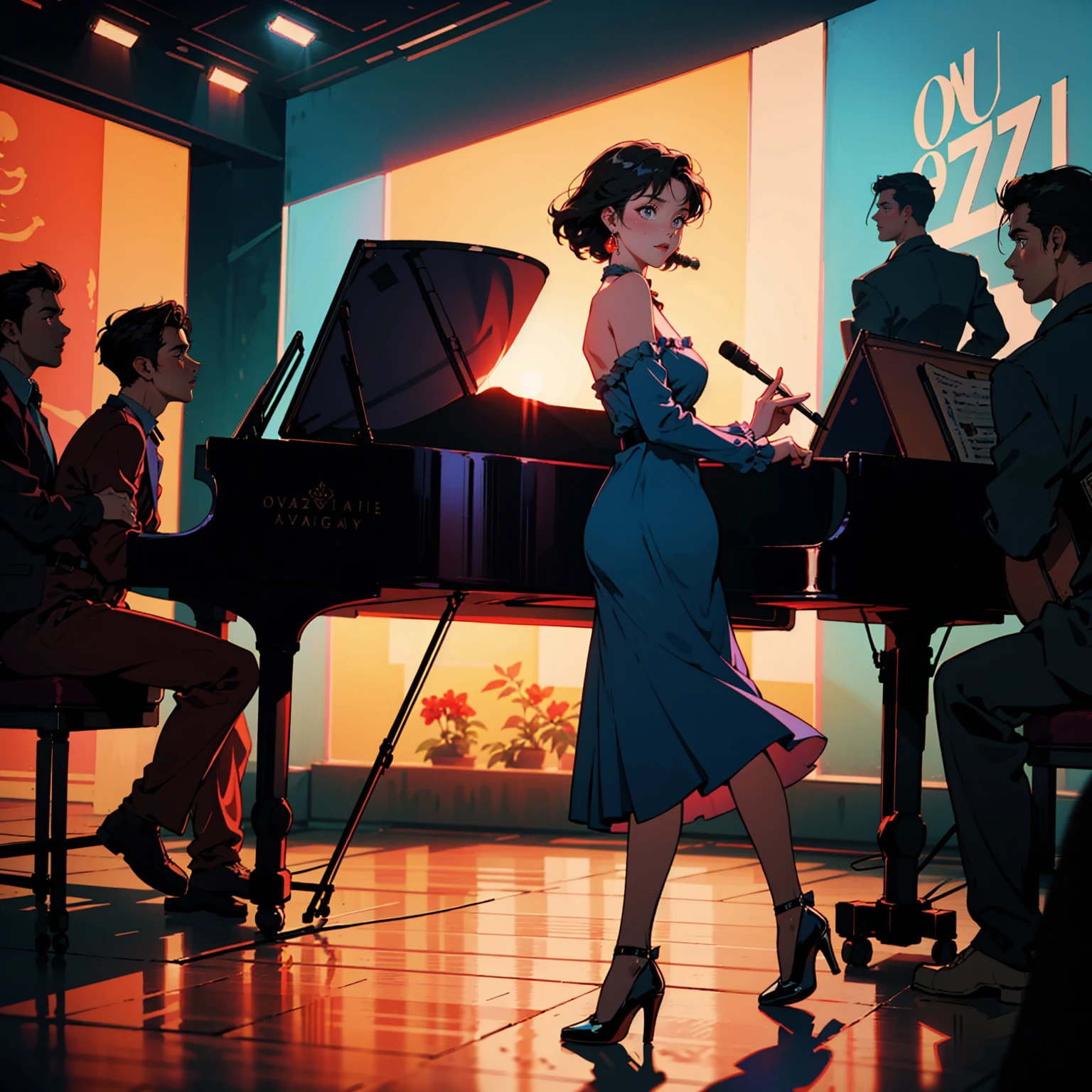 A jazz singer singing, jazz band,Stand next to the piano, A dress with atmosphere, Adult women , Cool look, (Backlight: 1.1), A scene from a movie, Soft Shadows, masterpiece, Highest quality, Complex, Model shooting style, Film Grain, Upshot、Red lipstick、Blue tones