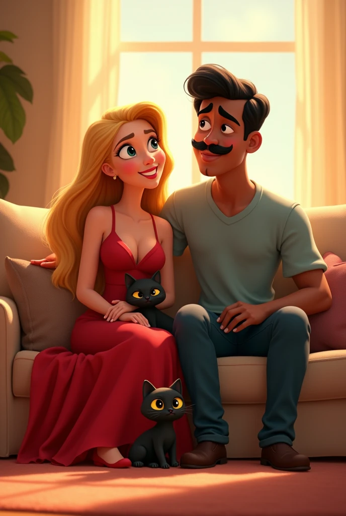 Disney Pixar style image. A blonde woman wearing a red dress, along with her tall, dark-skinned, mustachioed husband. a black cat, and a frajola cat. All sitting on the couch