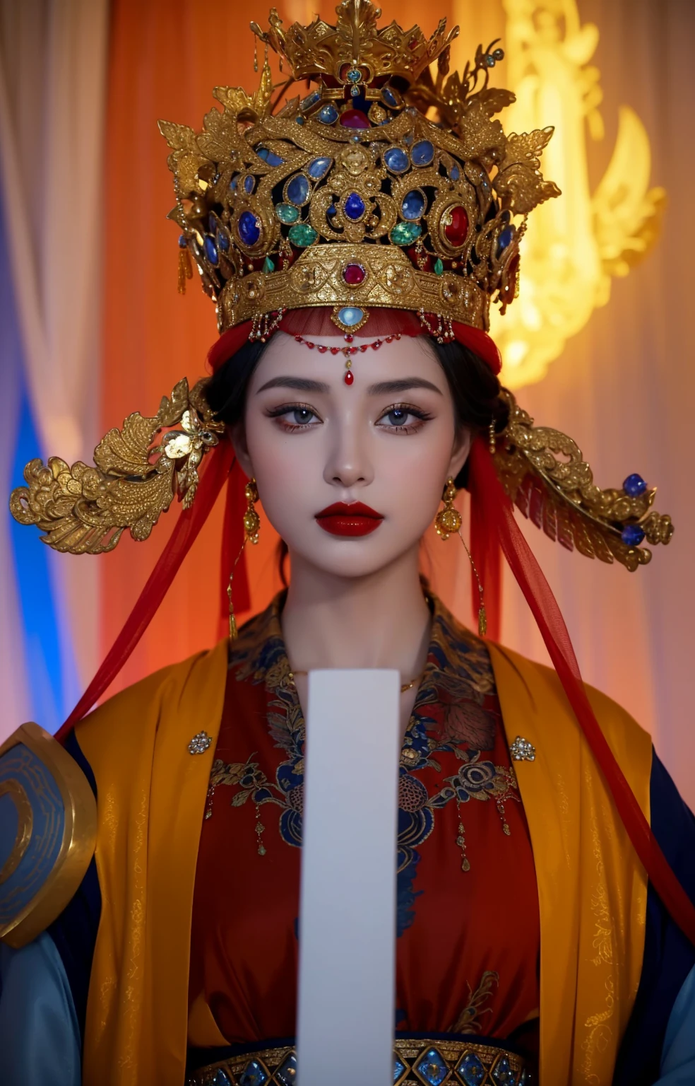 Royal princess,Extremely detailed, Delicate face, Stock Photography , Portrait 400, F1 Camera Lens.6, rich and colorful, Surrealism, Realistic textures, Dramatic Lighting, Thin Film Distiller 800 (8K, original photo, Better quality, masterpiece: 1.2), Extremely detailed, (Extremely delicate skin: 1.2), 8K ultra high definition, SLR camera, Soft Light, high quality.Fire Queen,Blue pupils,Wear red lipstick,Have a tattoo,The tattoo is very three-dimensional,Gorgeous and intricate tattoo designs,Dark eyeshadow,Sexy thick lips(Red lipstick),Gorgeous pearl and gemstone decoration,Cleopatra wore jewelry made of gold and precious stones.,The stunning Queen,The Chinese Queen wore an extremely luxurious Chinese crown carved with gold and gems
