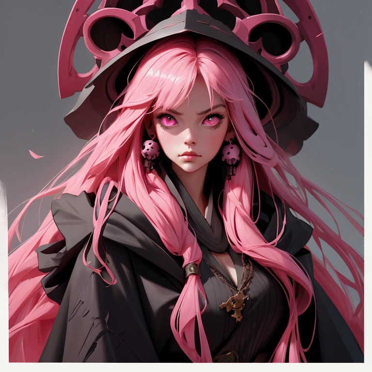 envision a 8k, highres, cinematic, close up portrait of a tall woman named Mori Calliope with long pink hair, pink eyes, in a grim reaper robe adorned with skull accessories and a scythe against a dark gray background