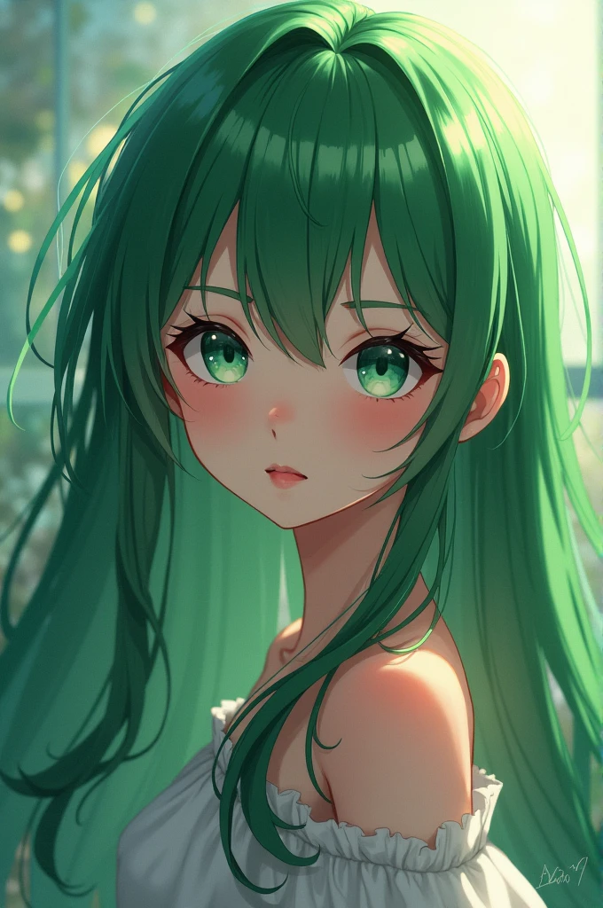 A gorgeous anime girl with green hair