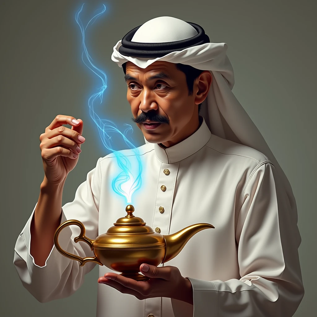 president jokowi face with a mustache wear arabian clothe, looking at his lamp, with Aladdin's genie comes out of the lamp in his lamp