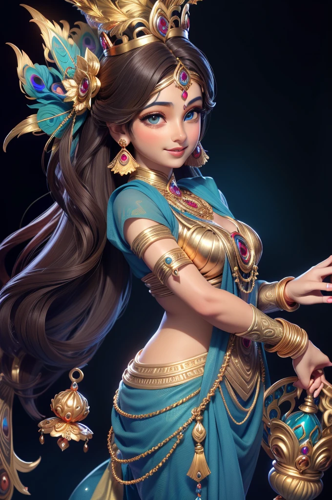 Beautiful portrait of a (beautiful brown eyed lady playing loard krishna hoding antique golden flute in hands. Body painted dark blue) . Beautiful eyes, devine lights, devine smile, hindu diety loard shree krishna. (one Beautiful peacock feather in crown) . Golden jewelery.