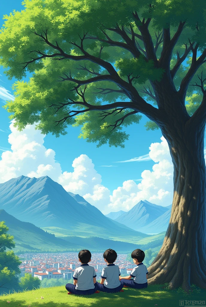 Three children from a religious school sitting in a beautiful city under a huge, large tree decorated with grass. The mountains are wonderful, very green, the sky is blue, and the single large tree is made of linden.