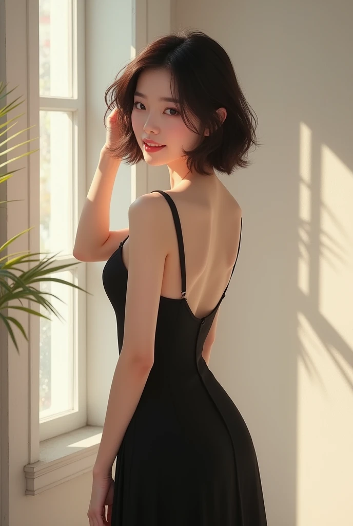 woman、adult、Asian Face、Bob Hair、smile、Black dress、Turn around、whole body、Blushing, Fair skin、chest, smiling, Back view, Brush your hair back、Look down