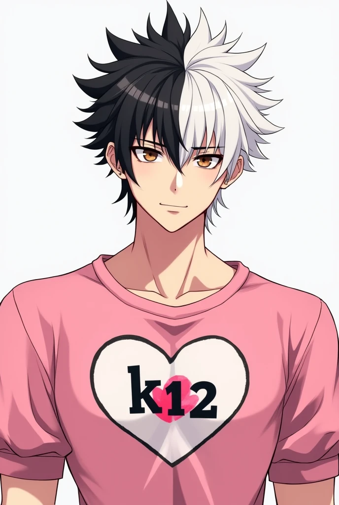 Gender:male style:male anime Body:muscular and without breasts Skin: Clear Eyes: Brown Hair: divided in half, with one side black and the other white Shirt: Pink with puff sleeves, with a heart written in front "k-12"