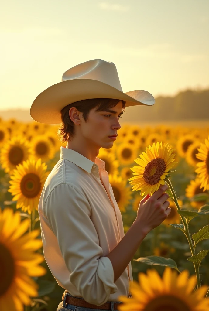  young handsome beautiful white skin skinny soft skin cowboy with a sunflower in his hand in the sunflower field