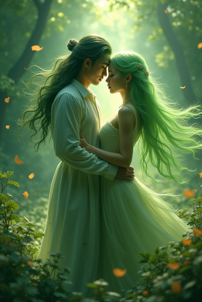Alien Woman with long green hair running Marrying an Asian man 