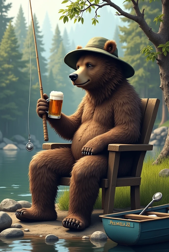 A fishing bear with his fishing rod, well defined:1.3, sitting on a chair by a river, holding a fishing rod, drinking a beer, wearing a bucket hat, boat nearby, surrounded by a forest and rocks, extremely detailed, exposed penis, erect penis
