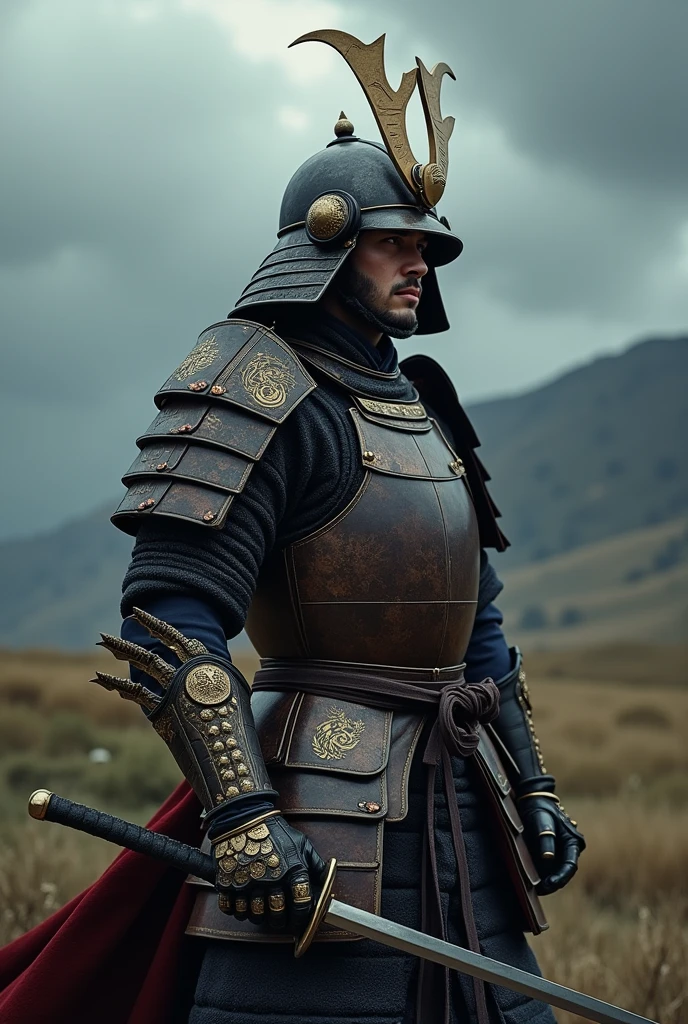 Samurai wearing knight helmet and dragon gloves