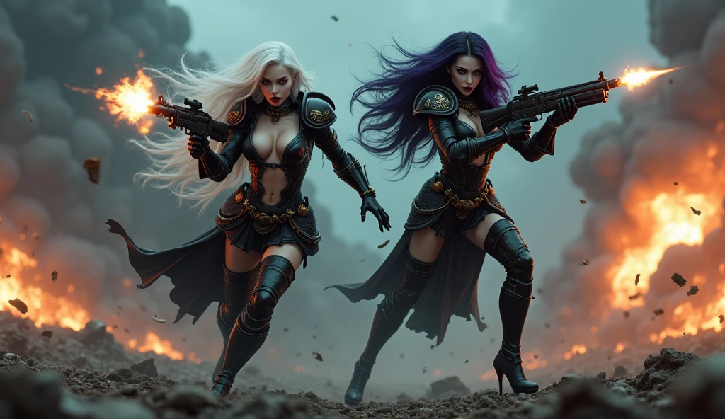 Full body pose y sisters of battle from the warhammer 40k, shooting at the enemy, red space marine armor with intricate details, black space marine armor with intricate details, symbols on the armor, sisters of battle, warhammer 40k, Massive exposed silicone breale skin, seductive, temptation, eat your soul, clevage, long white flowing hair, long black flowing hair with purple highlights, heavy gothic makeup, at night, neon, beautiful detailed eyes, beautiful detailed lips, extremely detailed eyes and face, long eyelashes, highly detailed armor, intricate futuristic weaponry, dramatic lighting, cinematic composition, muted color palette, gritty and realistic, mecha, science fiction, hyper-detailed, photorealistic, award winning digital art, 8k, HDR, masters work, in the middle of a battle field, full body combat action pose, explosions and fire around, full war, stunning, Stilleto heels, high heels, full body pose, cinematic, movie trailer, final stand!, nemesis, ready to strike, dust and debree, combat screams, attacking, shooting at the enemy, running forward, last line of defense, charging, fanatic, religious, templar knights, sisters of battle, warhammer 40k, shooting at the enemy, bimbo gig exposed breast, jetpacace marine, stilleto heels, cinematic light, cameltoe pussy, beautiful puset pussy, wet bodled body, gic breast, dynamic super sexy combat apose, sisters of battlrom the warhammer 40K