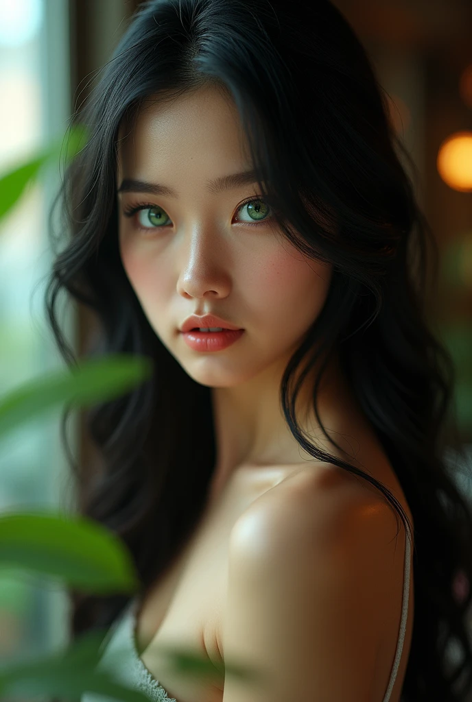 (masterpiece:1.4, best quality), (intricate details), unity 8k wallpaper, ultra detailed, beautiful and aesthetic, perfect lighting, (1girl), (black hair, green eyes, medium breasts), dynamic angle, lipstick, slim, medium breasts, detailed background, realistic, solo, perfect detailed face, detailed eyes, highly detailed