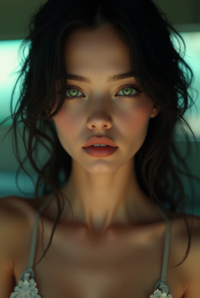 (masterpiece:1.4, best quality), (intricate details), unity 8k wallpaper, ultra detailed, beautiful and aesthetic, perfect lighting, (1girl), (black hair, green eyes, medium breasts), dynamic angle,  lipstick, slim, medium breasts, detailed background, realistic, solo, perfect detailed face, detailed eyes, highly detailed