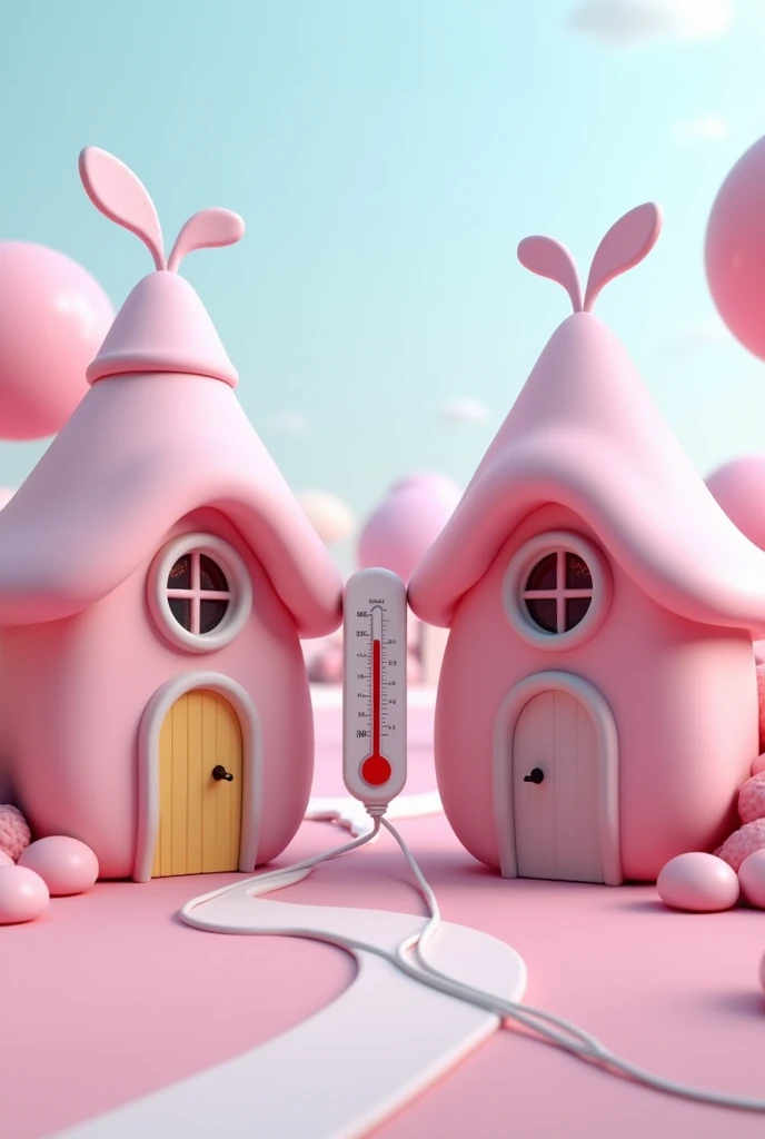 Two cute pink 3d houses side bay side connected to eachother with two noticeable wires on each side with a temperature measurement device between them