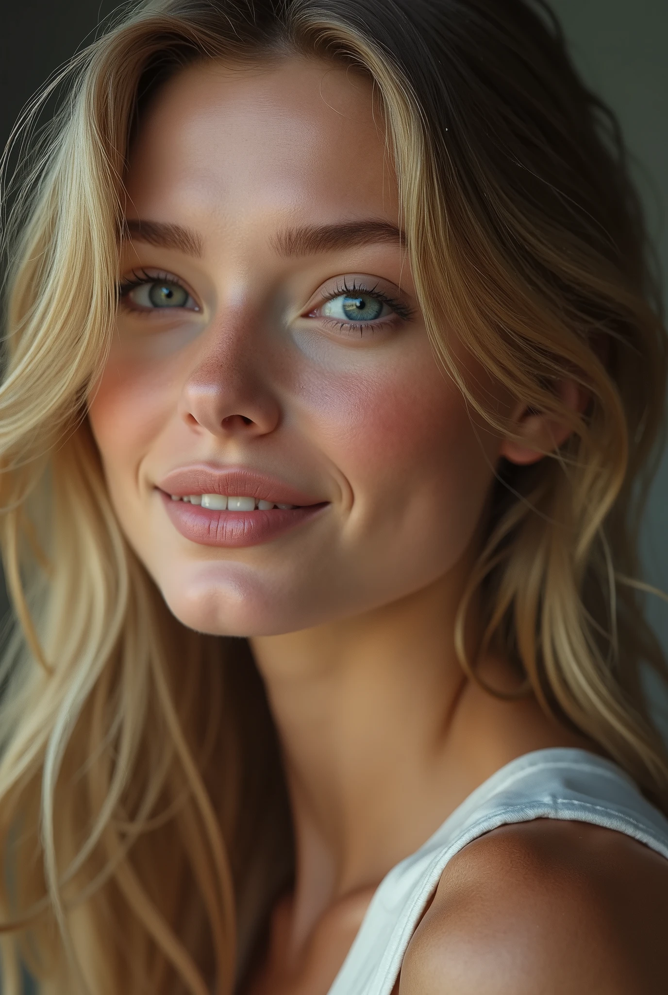 Woman between 18 and 2 blonde with blue eyes shy but flirty with big eyes and a luscious mouth with a beautiful smile