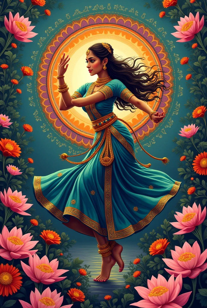 Mandal art with  flowers with bancesing bharatnatyam woman 