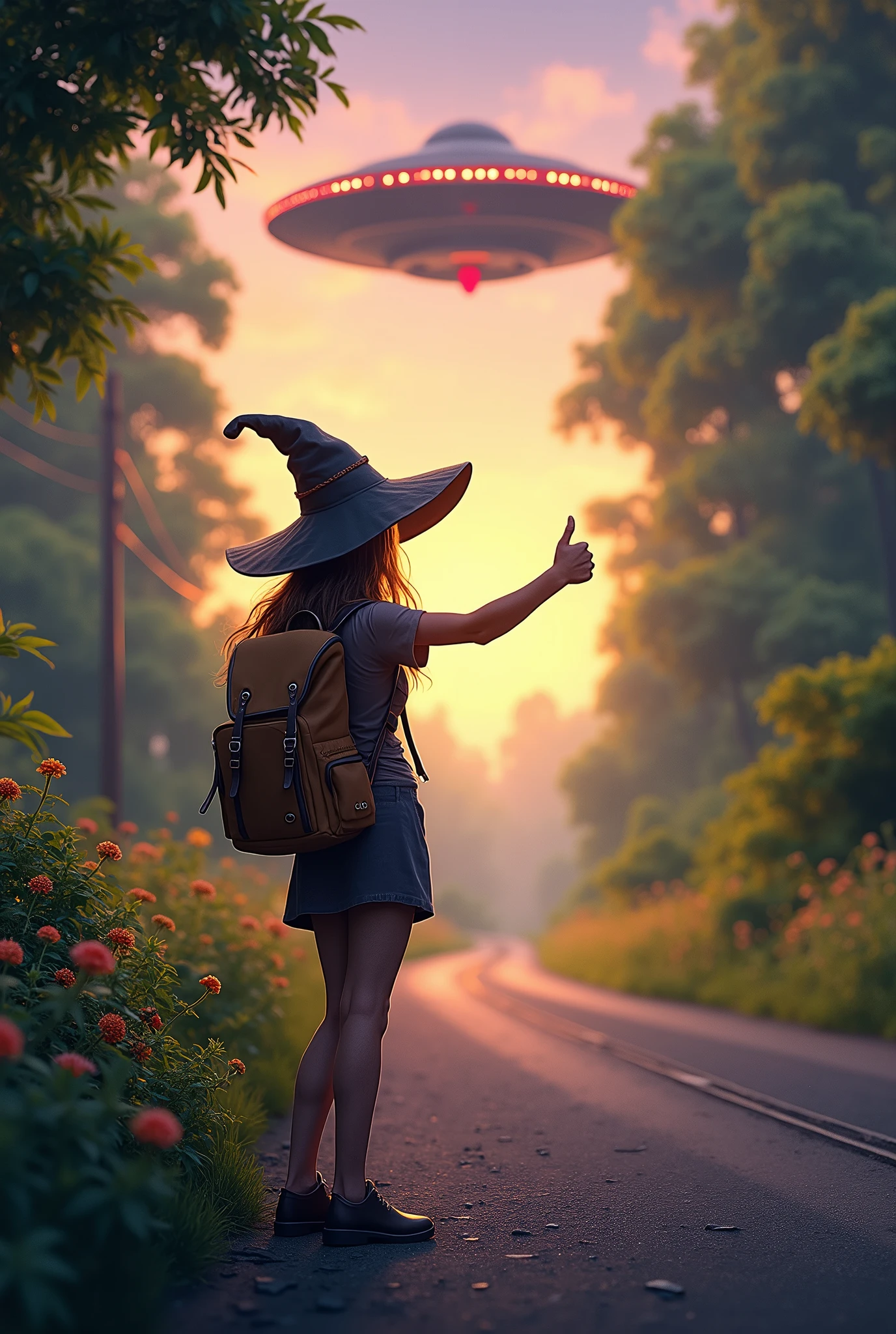 A road with lots of vegetation, a female traveler with a backpack on her back and a witch&#39;s hat, Giving a thumb up and asking for a ride to a UFO at dusk