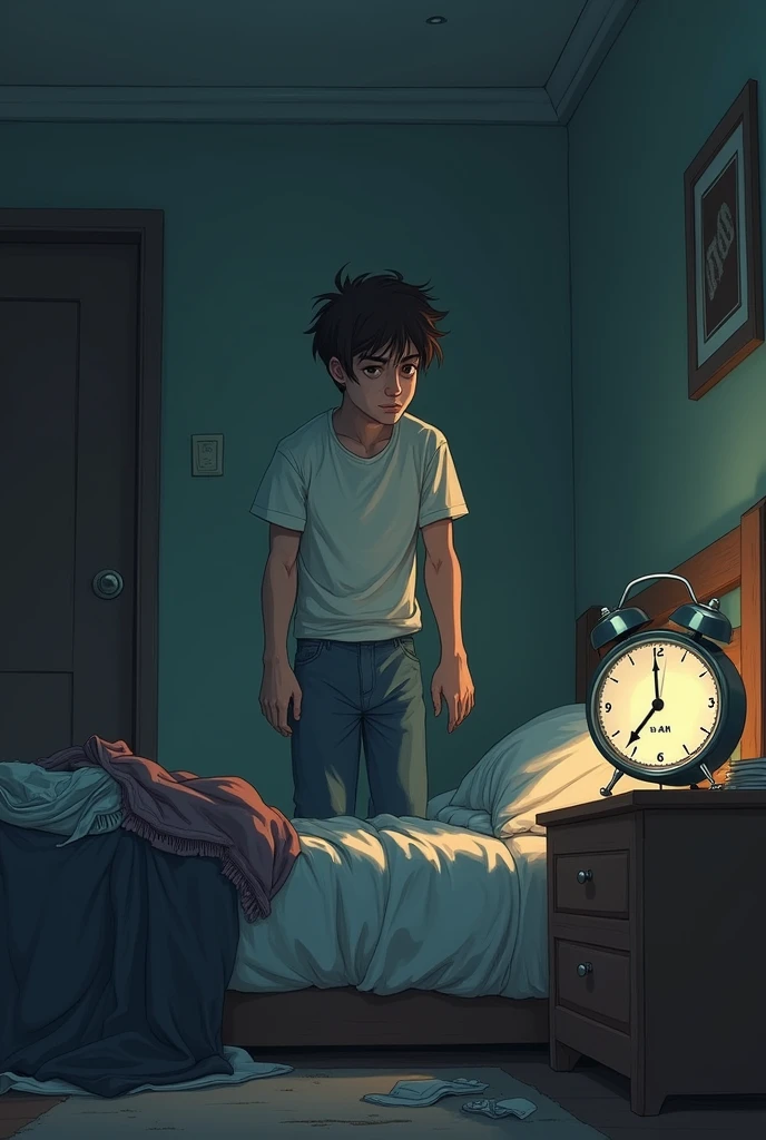 Image: A student (man), with a tired expression, gets out of bed early in the morning. You can see an alarm clock that rings very early. (5:00am) and a pile of work clothes next to the bed.