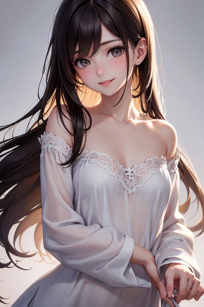 Best Quality,High resolution,8k,(plain white background, no patterns, no textures, just a plain white background:1.3),Masterpiece:1.2),beautiful girl,(focus face),Shiny brown hair,messy hair,Beautiful brown eyes,Cute black pajamas,Gentle look,A refreshing look,smile,Best quality,Best Quality,Aesthetic and aesthetic:1.2,Best details((Super detailed))(High-definition CG illustrations),Slender body,smile,blush,cute,Scrounge,Looking up,Being spoiled,super model