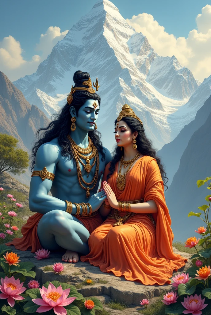 Create image of lord Shiva and Parvati on Mount Kailash with flower ambience full of nature with lord Ganesha