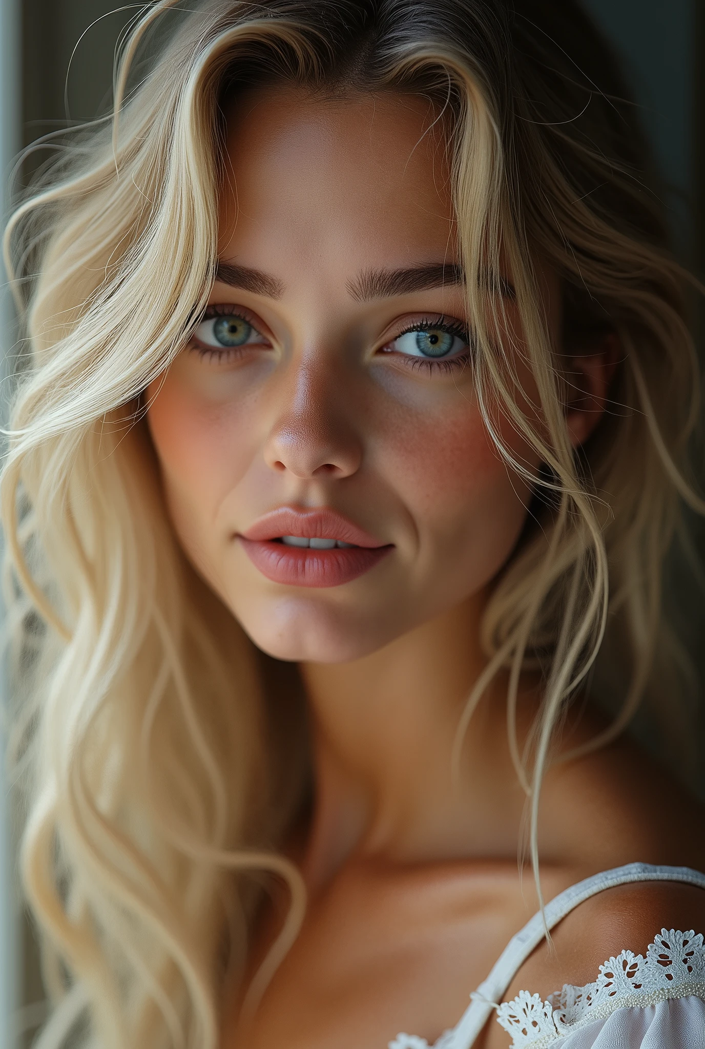 Woman between 18 and 2 blonde with blue eyes shy but flirty with big eyes and a luscious mouth with a beautiful smile