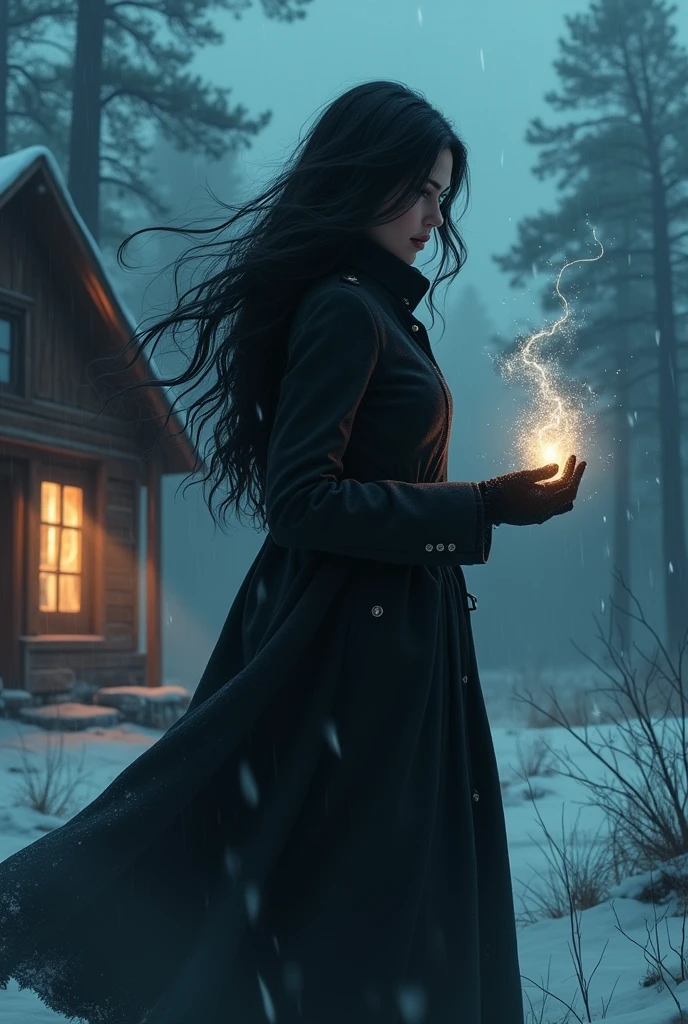 Female investigator with long black hair in a long black coat with gloves On a cold and stormy night, she casts magic around the cabin with the amulet