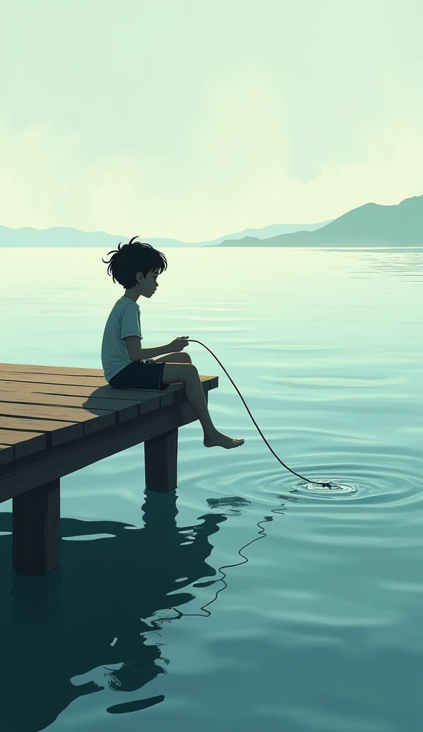 A boy named Pablo liked to sit on the edge of the pier, Throw a rope into the water and watch the waves gently rock it.