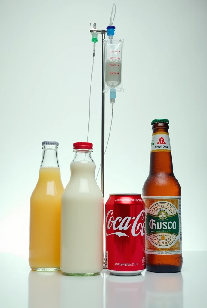 Bottle of milk , Coca Cola soda , cusco beer , hospital serum